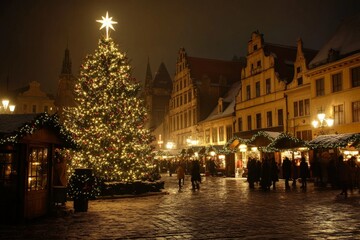Fototapeta premium A bustling Christmas market glows with warm festive lights and decorated stalls, creating a lively atmosphere that embodies the spirit of celebration and community.