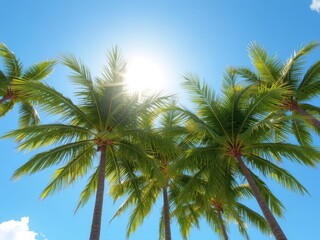 Obraz premium Sun-drenched coconut palms sway gently against a vibrant blue sky, background, carefree, horizon