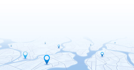 Navigation pin. Abstract lines geometric shapes, cartographic texture. Isometric abstract map background. Transportation and roads. Digital art. Editable vector illustration