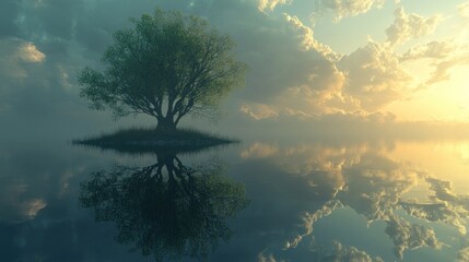Obraz premium Serene island tree reflected in calm water at tranquil sunrise.