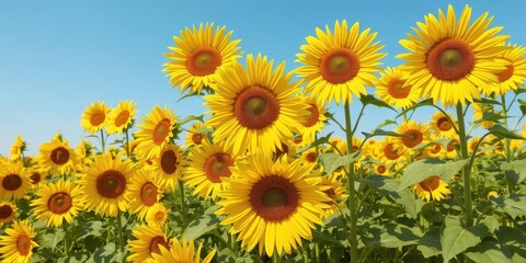 Obraz premium Vast field of vibrant yellow sunflowers in full bloom, sunny day, day, golden, sunlight