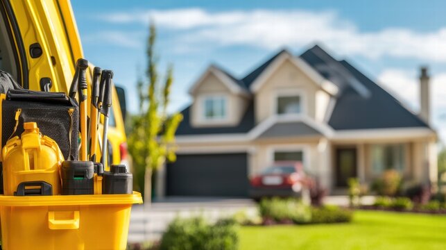 Close Up of Pest Control Equipment in a Vehicle with a Beautiful Home in the Background