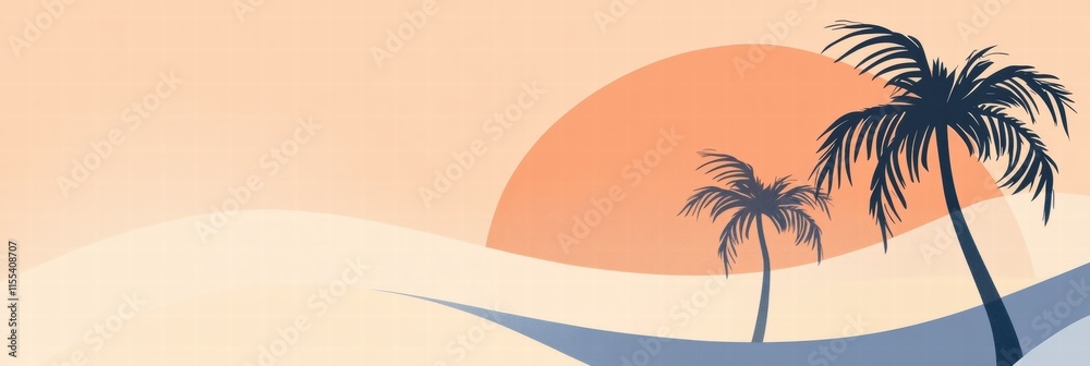 Aufkleber Palm trees under a vibrant sun with pastel orange and blue gradient sky creating a minimalist tropical atmosphere. Generative AI