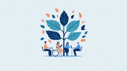 Illustration of People Relaxing Under a Large Tree with Colorful Leaves in a Modern Setting