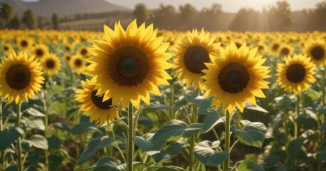 Fototapeta premium Vibrant sunflowers in a summer field, golden petals basking in sunlight , green, countryside, august