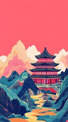 Colorful lines traditional building illustration poster background