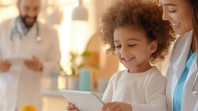 Happy child enjoying a tablet with a doctor nearby, highlighting the importance of technology in healthcare and pediatric wellness.