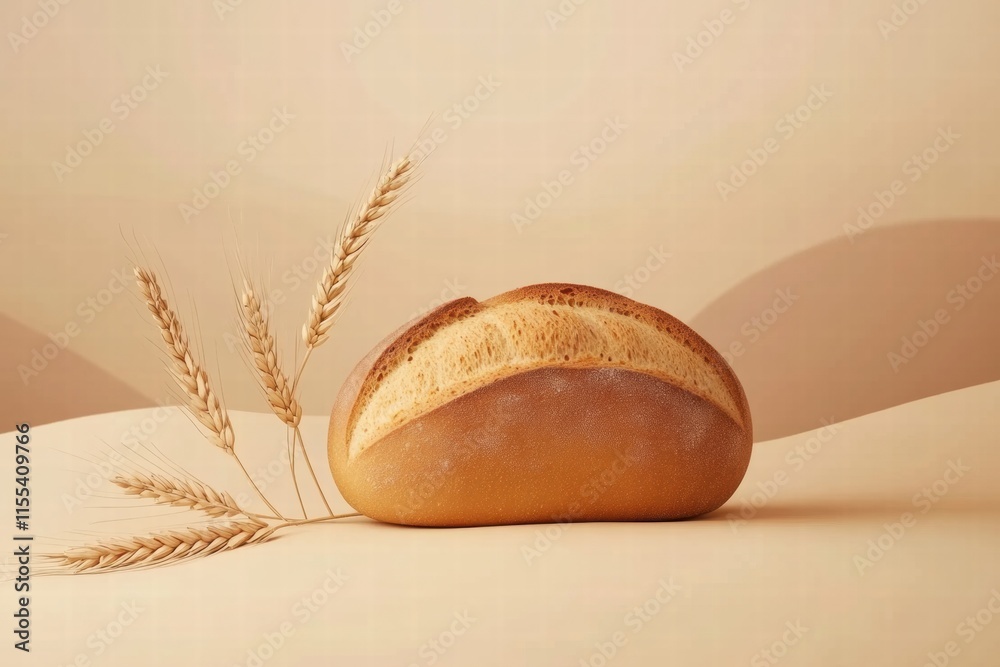 Poster minimalist bread loaf with wheat grains on a soft beige surface ready for creative text placement. g