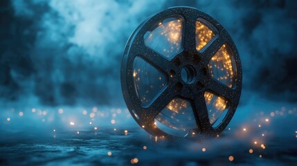 Obraz premium A glowing film reel with sparkles scattered around, blending into a tranquil misty blue environment.