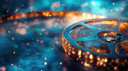 Fototapeta premium A glowing film reel with sparkles scattered around, blending into a tranquil misty blue environment.