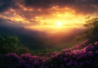 Breathtaking View of Colorful Rhododendron Flowers Under a Majestic Sunset Over Mountain Range with Soft Cloudy Sky and Warm Light Creating a Serene Atmosphere