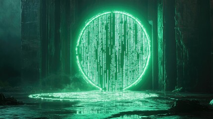 A glowing green digital portal with cascading binary code, resembling a Matrix-style teleportation hub