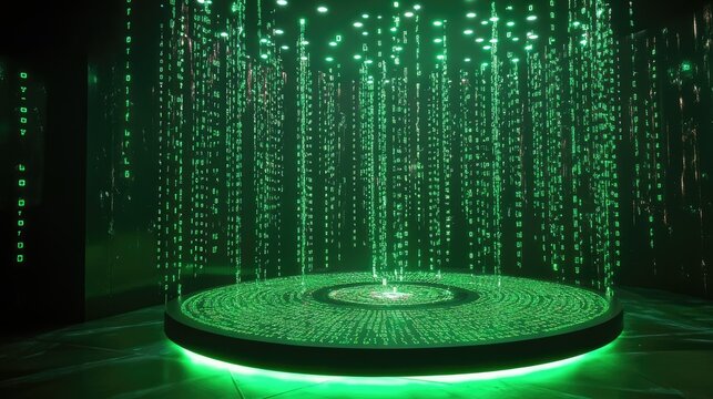 A glowing green digital portal with cascading binary code, resembling a Matrix-style teleportation hub - Powered by Adobe