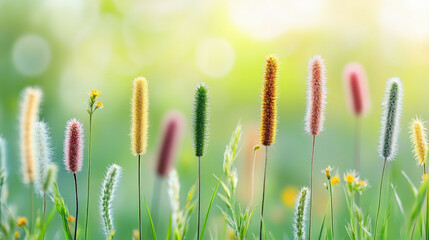 Colorful wildflowers and grasses bask in sunlight, creating a serene nature scene. Perfect for gardens and landscaping inspiration.