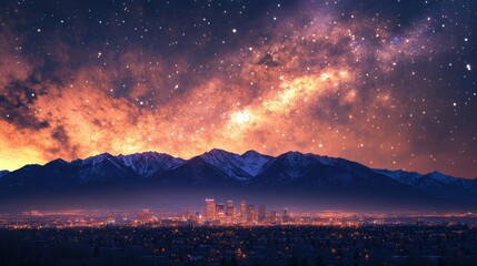 Fototapeta premium A glowing urban skyline under a radiant night sky, with distant mountains enhancing the dramatic view.