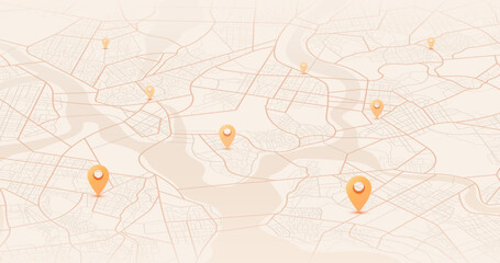 Navigation pin. Abstract lines geometric shapes, cartographic texture. Isometric abstract map background. Transportation and roads. Digital art. Editable vector illustration