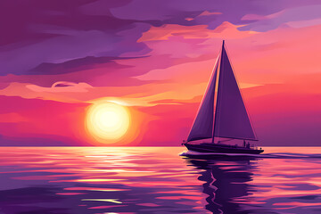 Fototapeta premium Tranquil purple sunset with sailboat reflecting on calm sea