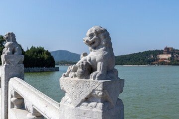 Stone lion sculpture of the 17 Confucius Bridge in the Summer Palace, Beijing, China