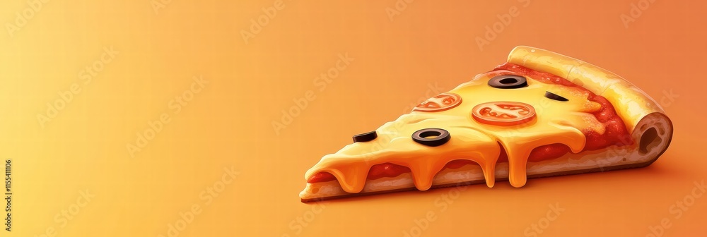 Aufkleber delicious slice of pizza with colorful toppings and cheese drips on a minimalist orange background. 