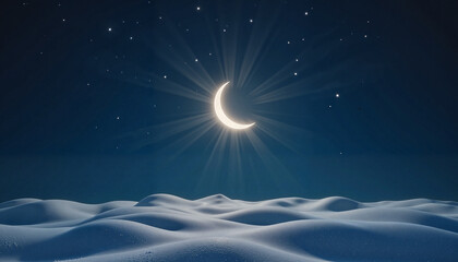 Good crescent moon shining over snowy dunes at night