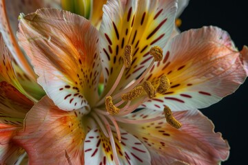 Close up of an alstroemeria flower highlighting its vibrant petals, delicate filaments, and pollen covered anthers