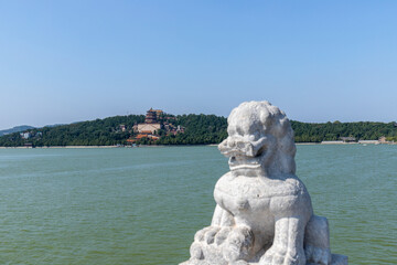 Stone lion sculpture of the 17 Confucius Bridge in the Summer Palace, Beijing, China