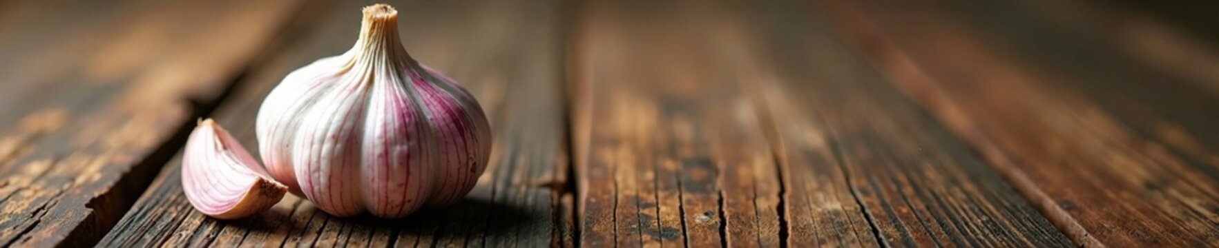 A bulb of garlic on a rustic wooden surface with a few cracks and scratches, crackled surface, wood grain