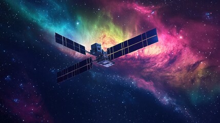 Naklejka premium A high-tech satellite array positioned over a colorful aurora seen from space