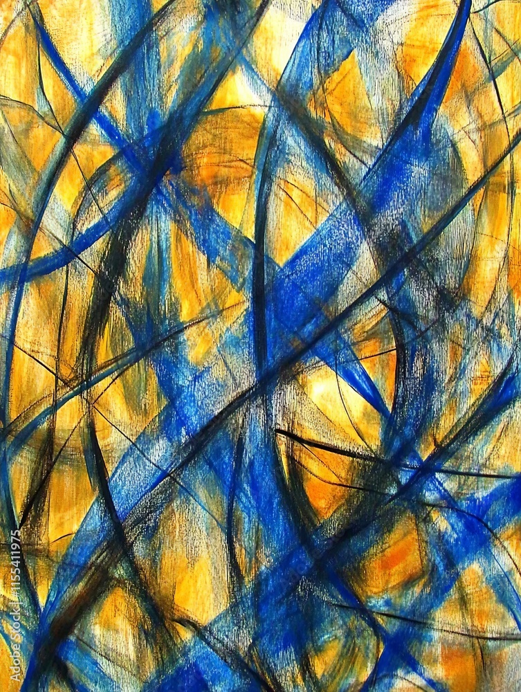 Poster An energetic abstract composition with crisscrossing lines in vibrant blue and gold hues, symbolizing dynamic movement and artistic expression on a vivid canvas.