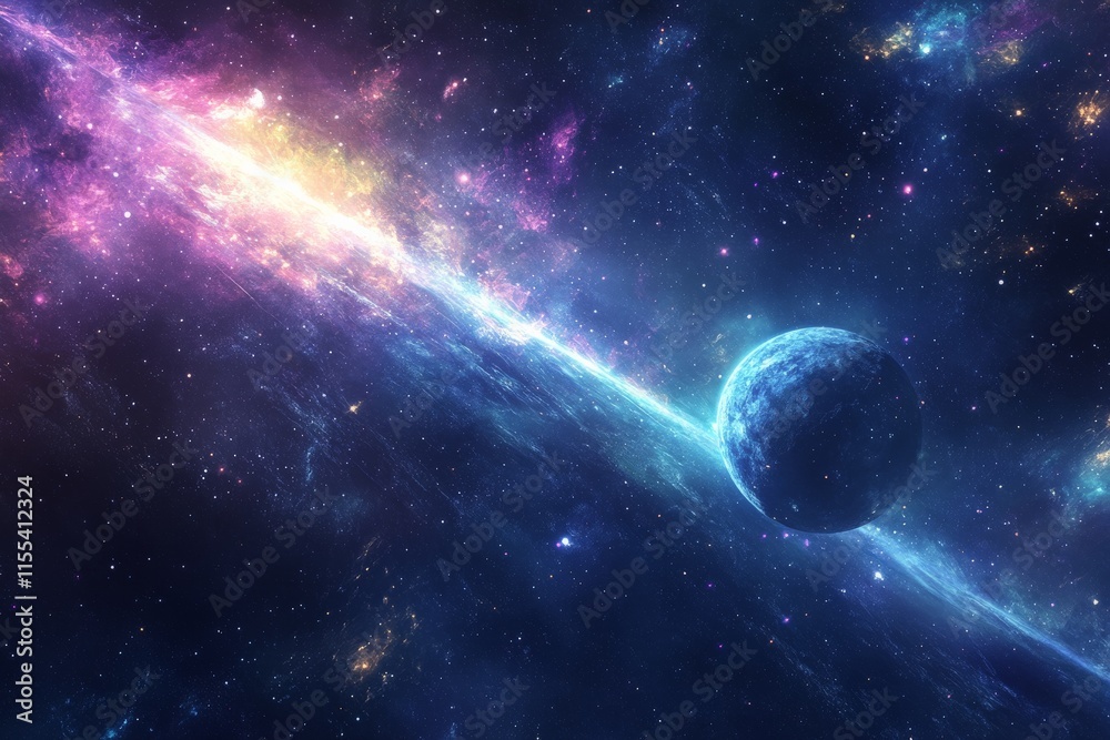 Poster a vibrant cosmic nebula with colorful streams envelops a solitary planet in a distant galaxy, symbol