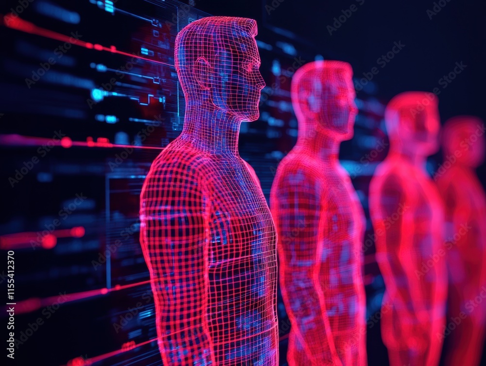 Poster Red and blue glowing wireframe human figures appearing from a futuristic data stream, symbolizing artificial intelligence and technological advancement