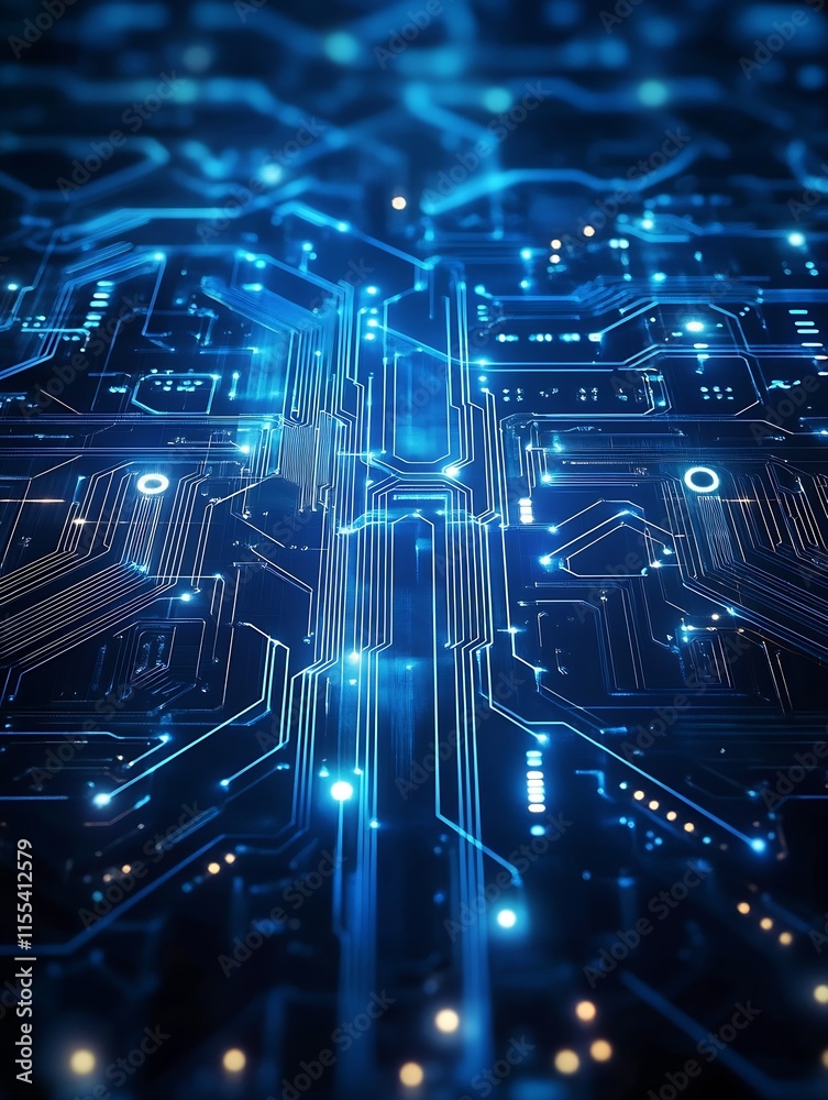 Fototapete futuristic blue circuit board with digital technology and glowing patterns : generative ai