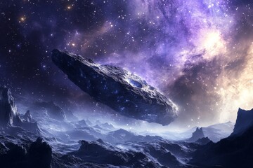 Fototapeta premium A mysterious large asteroid hovers above a rugged alien planet landscape with vivid purple and blue hues, evoking a sense of awe and otherworldliness.