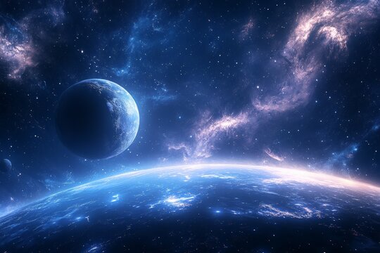 A mesmerizing cosmic scene of a mysterious blue planet surrounded by swirling nebula clouds, highlighting the beauty and vastness of the galaxy around it.