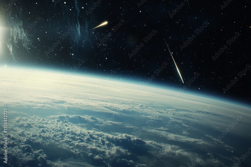 Poster several meteors streak across the celestial sphere, their fiery trails illuminating the gentle curva