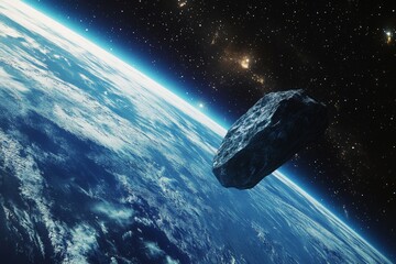 An imposing asteroid is shown nearing the Earth's surface in the infinite expanse of space, a reminder of cosmic events and the universe's unpredictable nature.