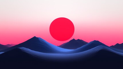 Minimalist Pink Sunset Over Blue Mountains - A serene minimalist landscape featuring a vibrant pink sunset, a large red sun, and stylized blue mountains. Symbolizing peace, tranquility, simplicity, ho