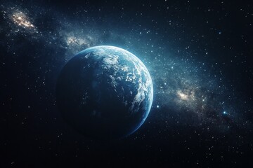 Obraz premium The planet Earth appears serenely in cosmic space, beautifully encircled by the spirals of the glowing Milky Way galaxy, symbolizing unity and cosmic harmony.