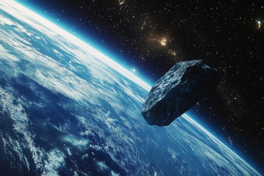 An imposing asteroid is shown nearing the Earth's surface in the infinite expanse of space, a reminder of cosmic events and the universe's unpredictable nature.