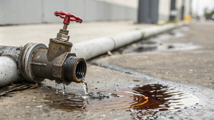 Leaking valve with brown liquid pooling on ground, indicating pollution