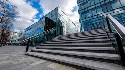 Modern Office Building Entrance with Granite Steps and Glass Railing