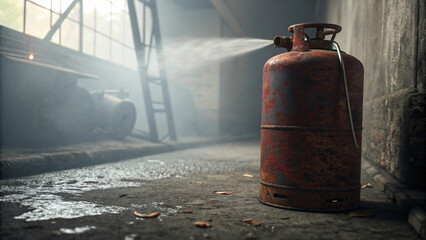 Rusty gas cylinder in industrial setting with mist and water on floor