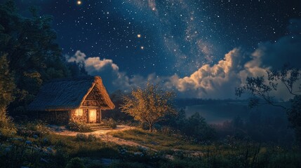 A magical nighttime scene of a hut surrounded by nature, under a sparkling sky full of stars