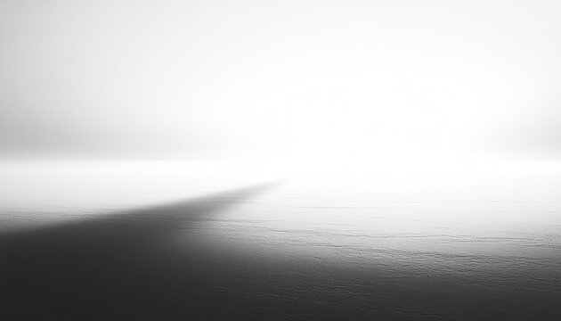 A serene, minimalist landscape with fog enveloping the tranquil waters in a soft glow.