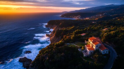 Coastal Villa Sunset: Aerial View of a Luxurious House on a Dramatic Cliffside at Golden Hour