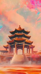 ancient Chinese architecture in colorful glitter like desert illustration poster background