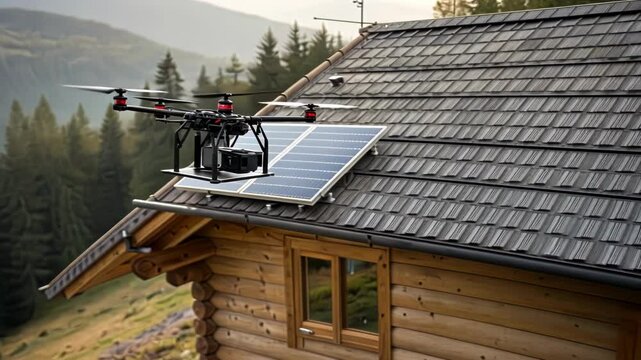 A closeup of a drones mechanism attaching a solar panel to a remote cabin rooftop.