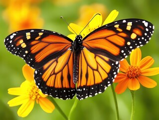 Fototapeta premium Close-up View of a Vibrant Monarch Butterfly Perched on Bright Yellow Flowers in a Lush Green Garden Scene, Celebrating the Beauty of Nature and Pollinators
