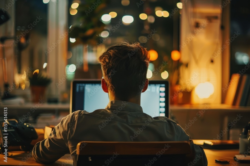 Leinwandbilder young man working late at night on a computer desk surrounded by warm lights and plants while focusi