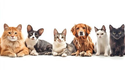 Obraz premium Cats and Golden Retriever Lined Up in Perfect Pet Harmony : Generative AI